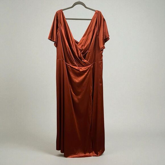 Plus Size 26 Rust Satin Wrap Maxi Dress Flutter Sleeve Slit Formal Evening Gown - Picture 2 of 10